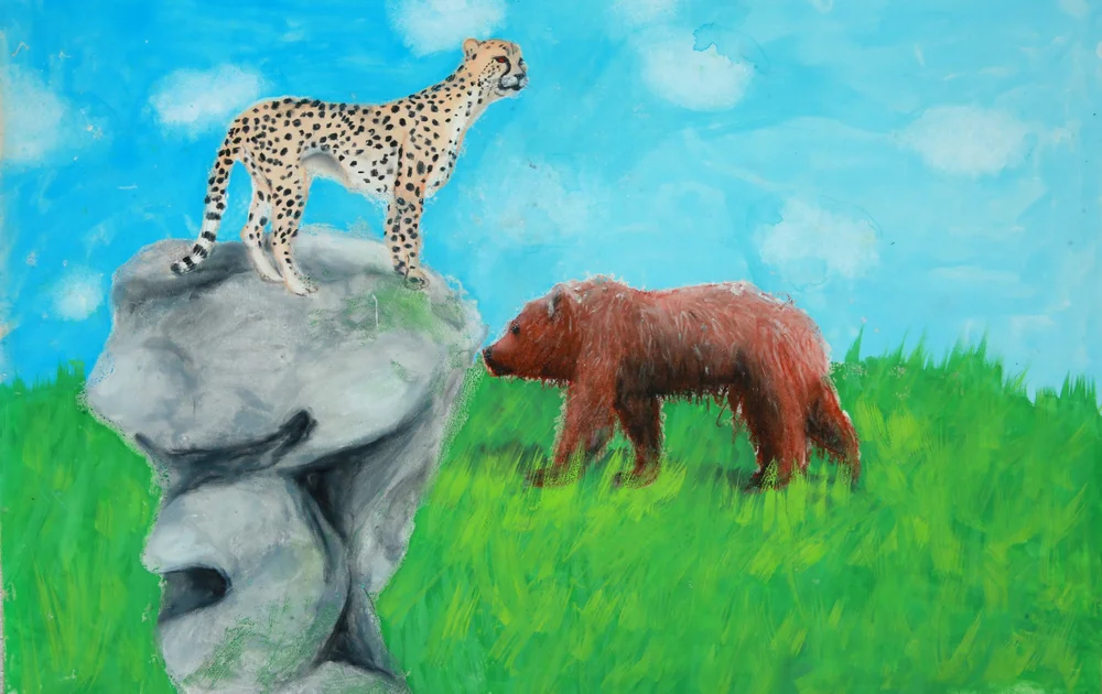 A painting of a cheetah standing on a rocky outcrop looking out over grassland, with a brown bear below on the rocks