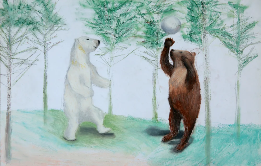 A painting of a polar bear and a brown bear appearing to play together in a misty forest, the polar bear balancing a sphere on its nose