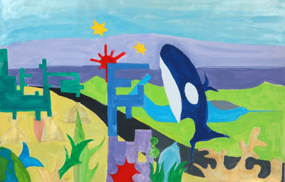 A flat, graphic-style painting of a coastal landscape with an orca whale, bold geometric shapes, and colourful abstract elements including stars and a sun