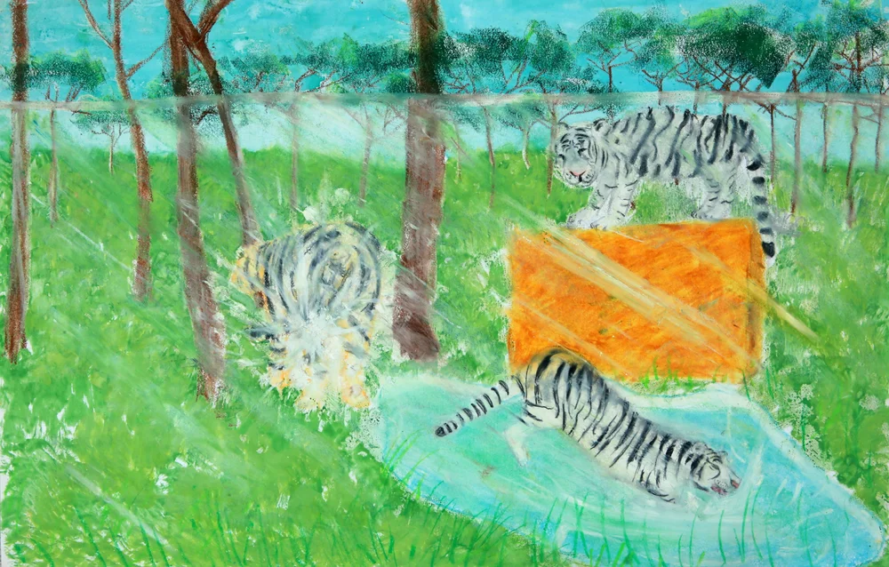 A painting of two white tigers resting in a woodland enclosure with an orange platform, surrounded by tall trees